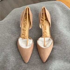 Sam Edelman Telsa Heels — Oatmeal Suede Pointed Toe d’Orsay Pumps, Size 7.5